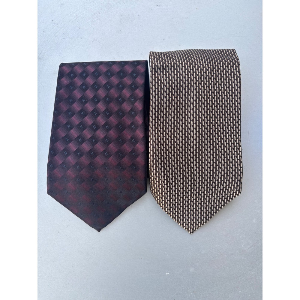 Roberto Villini Silk Tie Lot 2 Burgundy Black Gold Checkered‎ Geometric Necktie